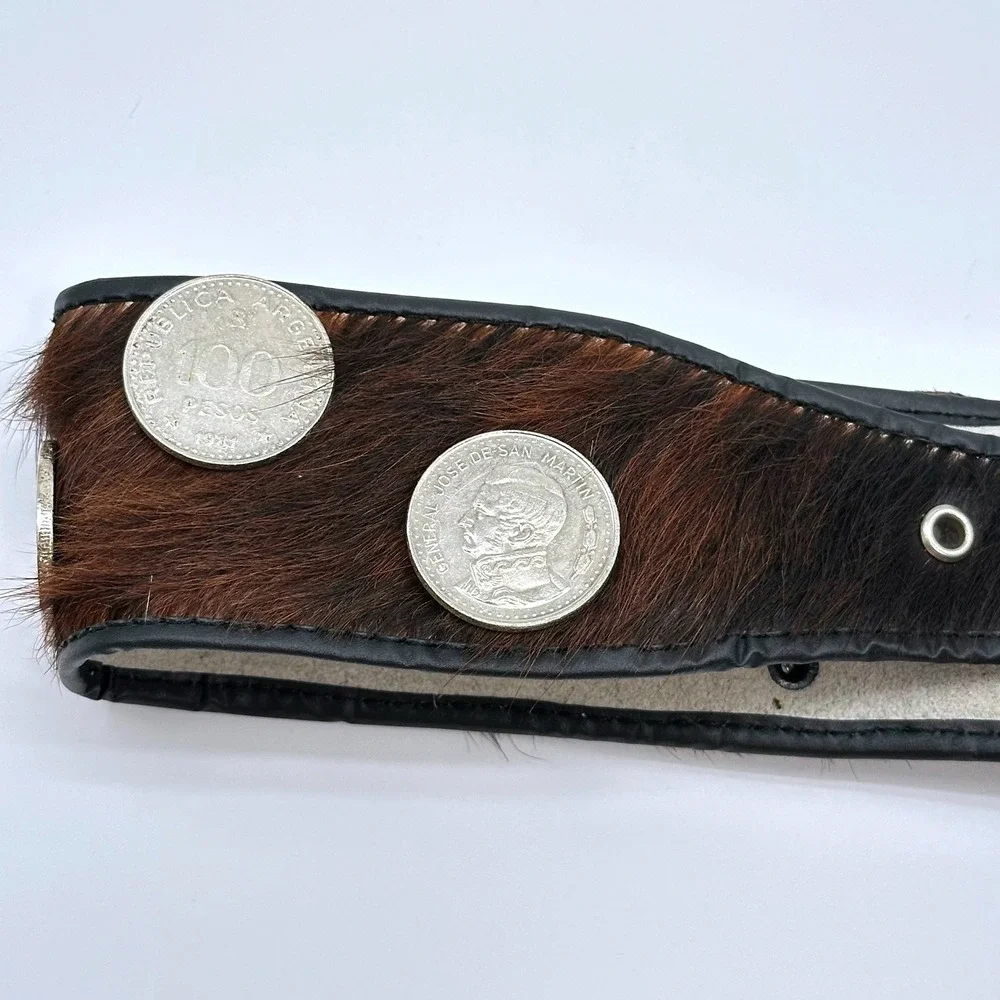 Vintage Gaucho Pony Hair Leather Coin Belt Argentina 100 Pesos Silver Chain